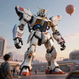 a beautiful hyperrealistic ultradetailed 3 d render of a gigantic mecha guarding a sci - fi spaceport, by frank gehry : 3, mech, unreal engine, octane render, gigantic, unreal engine, octane render, 3 d, brilliantly coloured, intricate, ultra wide angle, trending on artstation, dusk, volumetric lighting, hdr, polished, micro details, ray tracing, 8 k : 2, people, sphere, balloon, blurry, blur, depth of field, dof, bokeh, obscured, macro : - 1