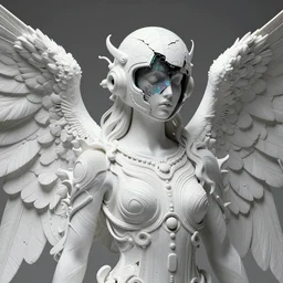 portrait of a divine angel, celestial. intricate abstract. cyberpunk, vhs glitch. full face broken helmet. intricate artwork. immaculate. holy. empty oxygen tank. by  wlop, Antoine Collignon, dan mumford. octane render, CGSociety, dan witz very coherent symmetrical artwork. cinematic, hyper realism, high detail, octane render, 8k, iridescent accents, black and white