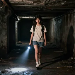 color video footage, a girl holding a flashlight walking in the deep dark basement,