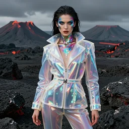 high fantasy 1 9 8 0's wargame airbrushed artwork - inspired octane render, a model wearing an iridescent clear latex jacket and colorful iridescent glittery makeup posing in a volcanic black rock landscape
