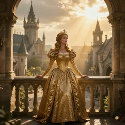 a beautiful queen stands on a balcony overlooking a fantasy medieval gothic city, beautiful dramatic golden light and glow rays, 3 5 mm photography
