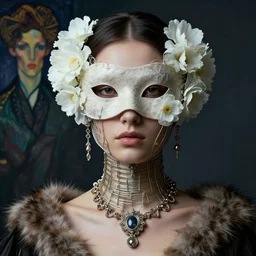 a beautiful futuristic portrait with mask made by wires and white flowers twisted around her face, necklace made by wires and fur, design by leonardo davinci, inspired by egon schiele, modern art, baroque art jewelry, new classic, hyper realistic, cinematic composition, cinematic lighting, fashion design, concept art, hdri, 4 k -