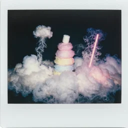 polaroid of everything made from cotton candy, smoke, and clouds, mix, DADA collage, texture, lomography, fashion neon light in darkness