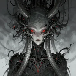 dystopian, a dreamland of chinese ukiyo - e, 4 k post processing. asymmetrical, portrait of an alien with large tubes in face in the style of, ghost in the shell, machine face, intricate, elegant, dramatic lighting concept art by craig mullins and ruan jia and raphael lacoste, trending on artstation