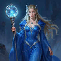 rosamund pike as blue sorceress, staff with glass orb, fantasy art, in the style of artgerm, illustration, epic, fantasy, intricate, hyper detailed, artstation, concept art, smooth, sharp focus, ray tracing, vibrant, photorealistic, simon bisley