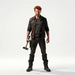 red-haired blacksmith with hammer, cinematic studio photo, full body, standing, isolated on a pure white background, centered, whole figure in frame, sharp focus, studio lighting
