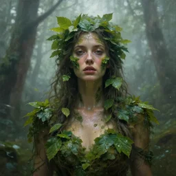 ''cinematic shot'' of a forest goddess covered in vegetation with beutiful face simetrical leaves falling realistic atmosferic foggy sweaty skin made by ivan aivazovsky, peter mohrbacher, greg rutkowski volumetric light effect broad light oil painting painting fantasy art style sci - fi art style realism premium prints available artwork unreal engine