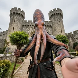 a giant squid dressed as a medieval knight holding bushes in a medieval castle, selfie