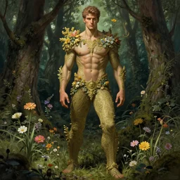god of the forest, 3 0 years old, rugged handsome, male, gorgeous, detailed face, clean lines, cinematic light, amazing, full body, flowers, muscular, intricate, highly detailed, digital painting, artstation, concept art, sharp focus, illustration, art by greg rutkowski and alphonse mucha