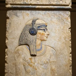 person in glasses and wearing headphones inscribed on the wall of a tomb in egypt, historical, artifact, marble, stone, national geographic, relic