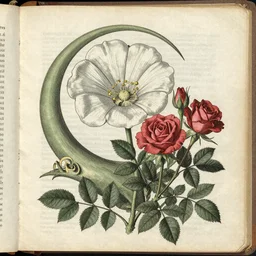 Moonflower and Roses,old manuscrit, encyclopedia illustrations