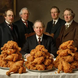 portrait of a respectable dignified royal business elite politician sitting at a finely set table covered entirely with stacks upon stacks of massive pieces of fried chicken, official fanart behance hd artstation, master painting solomon joseph solomon and richard schmid and jeremy lipking and norman rockwell victorian genre painting portrait painting
