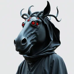 an ominous haunting horse mask with many red eyes and twisting antlers figure wearing a black robe, ( ( ( head looking up ) ) ), full figure, statue