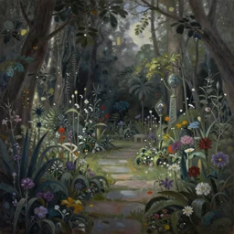 a gorgeous, fantastic, magic garden landscape by michael kidd, ( ( moebius ) ), trending on artstation, artgerm, oil on canvas,!! muted color tones!!, darker,! low contrast!, desaturated colors