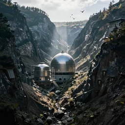 sci fi nuclear containment buildings in a steep sided valley with trees, a sense of hope and optimism, birds overhead, stark light, day time, unsplash, national geographic, hd, high res