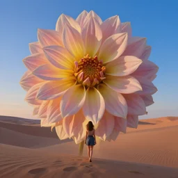 closeup giant dahlia flower over body, a girl walking between dunes, surreal photography, sunrise, blue sky, dramatic light, impressionist painting, digital painting, artstation, simon stalenhag