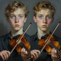 portrait of two young nervous violin players getting ready to perform, half figure front, killian eng and pat steir and hilma af klint and james jean, psychological, photorealistic, symmetrical faces, intriguing eyes, rendered in octane, altermodern, masterpiece