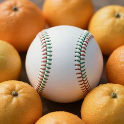 a baseball with green seams surrounded by fruit, 4k