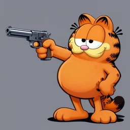 garfield points a gun at odie, illustrated by jim davis