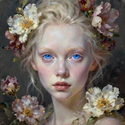 beautiful portrait of albino woman wth big blue eyes, flowers, oil painting, artstation, octane render, 8 k, unreal engine, cinematic lighting, sharp focus, fantasy art, fine details, hd