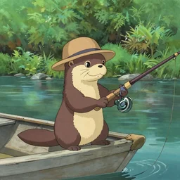 painting of Otter in hat with fishing rod, fishing in river on boat near morning forest, stylized, octane render, Ghibli style