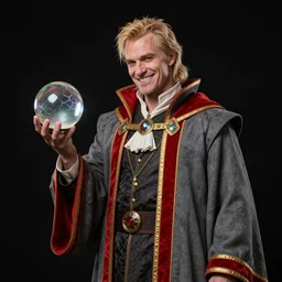 petyr baelish smirking dressed in grey robes with red and gold trim, slightly turned to the right, ultra detailed, photorealistic, holding a crystal ball, magic the gathering style art, standing with a black background, high quality,