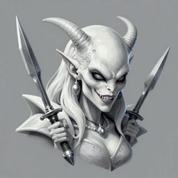 a painting head and shoulders portrait of a villainous female Nordic alien of pure evil, made in tones of white and grey, holding a sharp weapon, insanely detailed, loony toons style, digital art, trending on artstation, isometric views, 8k