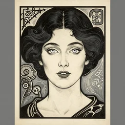 portrait of a beautiful young lady with silver eyes, woodcut, poster art, by Mackintosh, art noveau, by ernst haeckel
