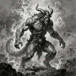 full body, grayscale, James Daly, Gustave Dore, muscled humanoid balrog demon, horns, claws, large horned tail, heroic pose, swirling flames