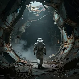 horror movie scene with moody colors of an individual in futuristic space suit walking through a broken down deep space mining space station, the walls are broken and twisted metal, rusting metal adorns the walls, tense atmosphere, misty floats through the air, amazing value control, dead space, moody colors, dramatic lighting