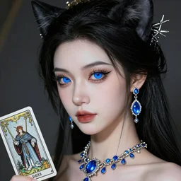 hyperrealistic detailed portrait of cat woman, fantasy, D&D, black hair, blue eyeball, blue jewellery, soft features, elegant, artstation, intricate details, tarot card, cinematic, vibrant