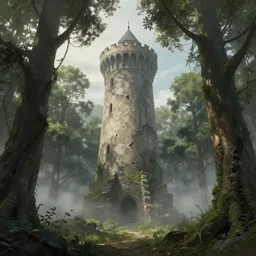 an archaic tower looming over a grove of ancient trees, in the style of ayami kojima, thick mist, cracked walls, realistic digital painting, realistic colors, medieval fantasy, very detailed