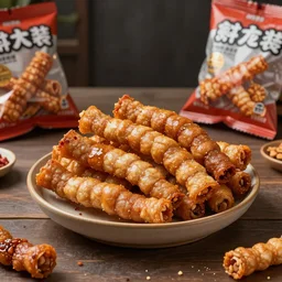 Professional arrangement of pork rinds in a bowl on a table, surrounded by snack bags, hyper realistic, ultra detailed, cinematic, dynamic lighting, photorealistic, refined, intricate, digital art, digital painting, masterpiece, 8k