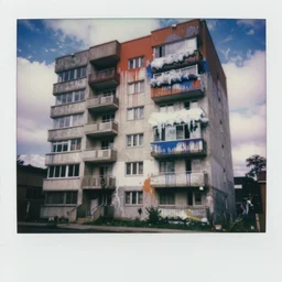 a suburban apartment in the style of brutalist architecture, dripping paint, splatter paint, puffy paint, glass paint, polaroid, shot on 7 0 mm, vintage, in a symbolic and meaningful style