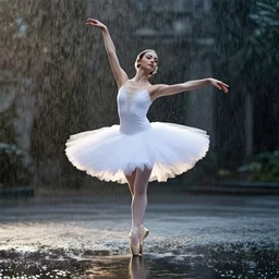 portrait of a ballerina, dancing in the rain, cinematic light and reflections, beautiful dreamy lighting, by annie leibovitz,