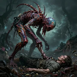 a very colorful and beautiful ( flesh - eating ) tsikalawa, eating the leg of a terrified man, standing on top of a mountain of maggots, schizophrenic hallucination, by alexandro judorowski and basia tran, fear, morbid, nightmare, supernatural, 8 k, digital art, highly detailed, chiaroscuro, creepy, terrifying