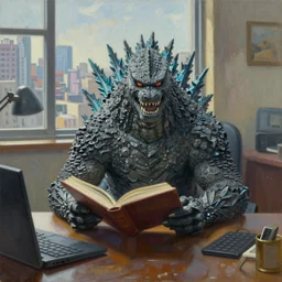 godzilla sitting at a desk reading a book, window on the back wall has a city backdrop, oil on canvas, highly detailed, artstation