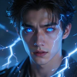 a handsome young man with glowing blue eyes sparkling with blue lightning in emotional turmoil. sparks. electricity. digital art. fantasy. matte painting sharp focus. highly detailed. uhd. by michael garmash. krenz cushart tianhua xu