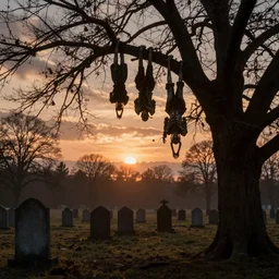 souls graveyard  and corpse hanging from a tree all lightened up with moody backlight sunset ,panorama by  frazetta