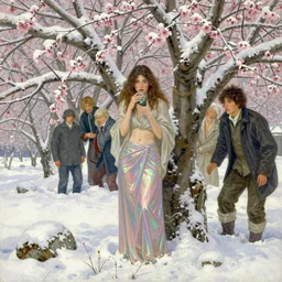 a detailed illustration of a woman hiding in snow - covered cherry trees, iridescent skirts, gypsy, hearthstone, artstation, painting by artgerm, by wlop, by greg rutkowski, gaston bussiere, craig mullins, mucha, bouguereau, ruan jia.