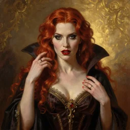 majestic gracious regal aristocratic female red haired vampire portrait, atmospheric lighting, painted, seductive, menacing, intricate, volumetric lighting, beautiful, rich deep colours masterpiece, golden hour, sharp focus, ultra detailed, by leesha hannigan, ross tran, thierry doizon, kai carpenter, ignacio fernandez rios