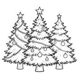 black and white coloring book page of christmas trees, christmas decorations and candy canes