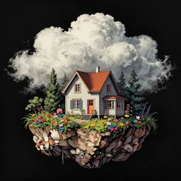 house on island, sea cloud, surreal art by gediminas pranckevicius, geof darrow, dark shadows, hard lighting, floralpunk, inking, etching, screen print, masterpiece, trending on artstation, sharp, colorful high contrast hd, 8 k hyper detailed