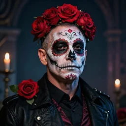 jeff bezos, dia de los muertos makeup, day of the dead outfit, decorative roses, by wlop and greg rutkowski, magical atmosphere, octane render, trending on artstation, hyperdetailed face, cinematic, hyper realism