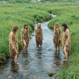 A woody green field with a stream running through it, with a group of dryad women standing in the water. They seem to be preparing to submerge themselves in the cool, clear waters of the stream.