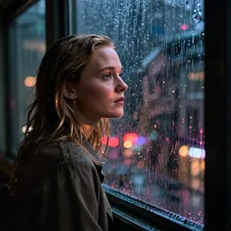 alicia vikander looking out a window on a rainy night, nighttime!, raining!!, colorful city light reflections!!