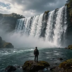 a fisherman approaching the waterfalls, end of the world, beautiful waterfalls, dramatic lighting, cinematic, establishing shot, extremly high detail, photorealistic, cinematic lighting, post processed, concept art, artstation, matte painting, style by greg rutkowsky