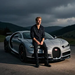 andrew tate sitting on a bugatti