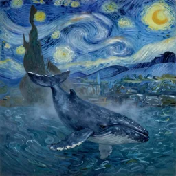 An aesthetically pleasing, dynamic, energetic, lively, well-designed digital art of a whale in the ocean at night in a low mist, light and shadow, chiaroscuro, by Claude Monet and Vincent Van Gogh, superior quality, masterpiece, excellent use of negative space. 8K, superior detail.