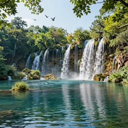 a beautiful scene of a serene lake surrounded by trees, waterfalls flowing in between the trees, birds flying above, detailed realistic art